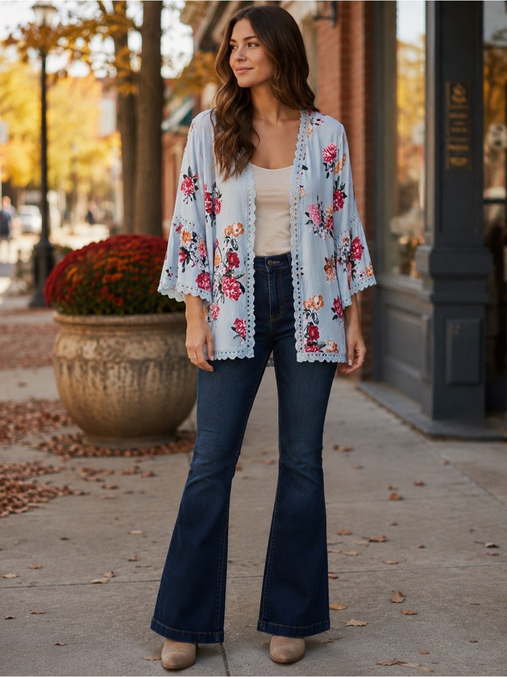 Staccato Blue Floral Lace Trim Bell Sleeve Kimono Cardigan Size L